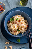 Vegan pasta carbonara with cashew cream and ham substitute