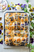 Hot cross buns with violets