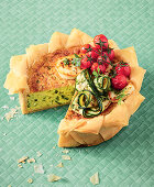 Courgette and fillo pastry quiche with grilled halloumi and tomatoes