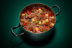 Beef goulash with potatoes and peppers