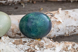 Easter eggs colored with natural dyes on birch branches, close-up