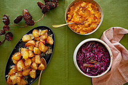 Truffle roast potatoes, carrot and beetroot mash, simple red cabbage
