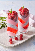 Yoghurt dessert with raspberries and chia seeds