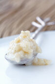 Vanilla rice pudding on a spoon