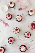 Chocolate cupcakes with raspberry frosting and fresh raspberries