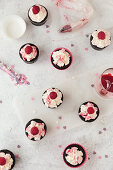 Schoko-Cupcakes mit Himbeer-Frosting und frischen Himbeeren