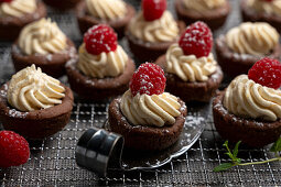 Vegan mini chocolate cups with cinnamon-orange cream and raspberries