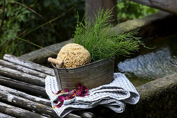 Bowl with sponge, horsetail and towel by a fountain