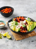 Veggie taco bowl with kidney beans and avocado
