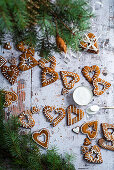Heart-shaped gingerbread biscuits with sugar decoration
