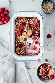 Vegan baked oatmeal with raspberries and rhubarb