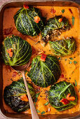 Vegan savoy cabbage and mushroom dumplings with pepper sauce