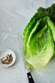 Kitchen knife, romaine lettuce and coarsely crushed pepper