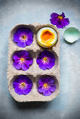 Soft-boiled egg in egg carton, flowers