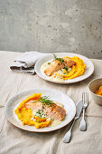 Mustard salmon with potato and pumpkin puree