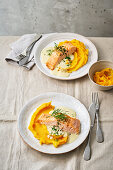 Mustard salmon with potato and pumpkin puree