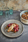 Pheasant breast in a lardo coat on balsamic lentil vegetables