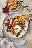 Fried chanterelles and radicchio with poached egg and knob sage
