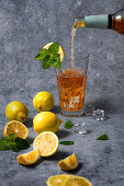 Lemon iced tea with ice cubes