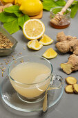 Hot cold drink with lemon, ginger, honey and fennel