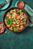 Autumnal stir fry of broccoli, carrots and rice