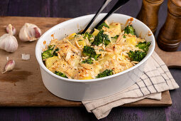Vegan broccoli and potato casserole with almonds
