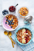 Chocolate and coconut porridge with banana and pomegranate, crunchy nut muesli with blueberry yoghurt