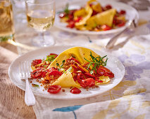 Deconstructed lasagne with cherry tomato ragout