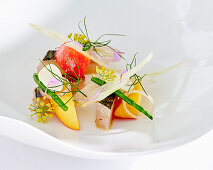 Ajoblanco with mackerel, peach and vegetables