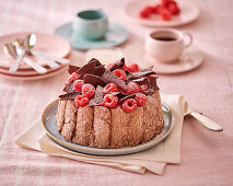 Raspberry and chocolate charlotte, sliced