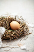 Easter nest made of hay with Easter egg and feather