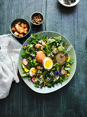 Colourful wild herb salad with petals and fried egg