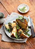 Roasted celeriac with sage and walnut pesto