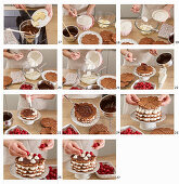 Chocolate wafer cake with cream and raspberries