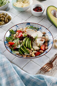 Mixed bean salad with avocado, chicken and feta