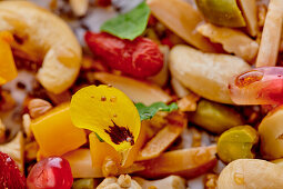 Müsli mit Granatapfel, Mango, Pistazien, Mandeln und Gojibeeren