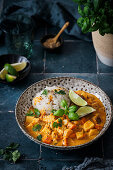 Chicken curry with rice, coriander and lime wedges