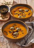 Pumpkin soup with dumplings and pumpkin seeds