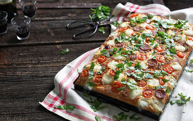 Tin pizza with tomatoes, salami, mozzarella and basil