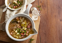 Barley soup with smoked pork and vegetables