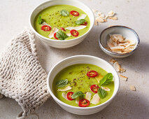 Pea soup with mint, chilli and coconut milk