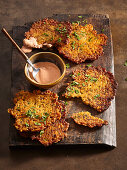 Lentil and vegetable pancakes with a savoury dip