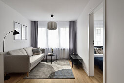 Bright living room with grey sofa and adjoining bedroom