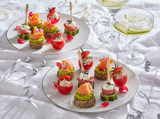 Canapé plate with salmon, ham and vegetables