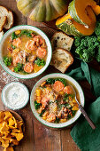 Pumpkin soup with tortellini and kale