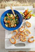 'Good harvest' pasta salad served with savoury horseshoe-shaped biscuits