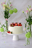Vertical strawberry cake with vanilla cottage cheese cream