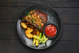 Grilled pork ribs with potato wedges and ketchup