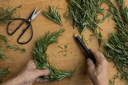 DIY rosemary wreath (Rosmarinus officinalis) tied with winding wire