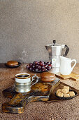 Espresso with chocolate cake and grapes